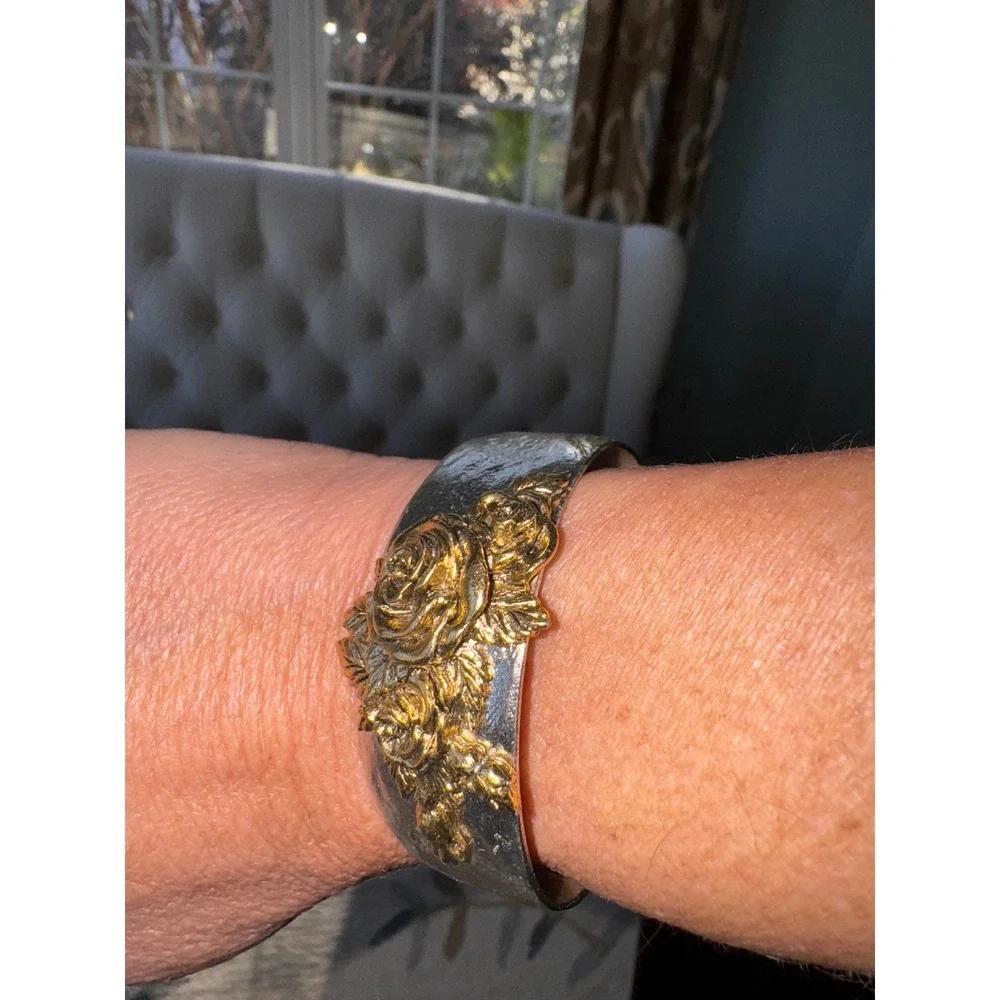 Gold Tone Rose Cuff Bracelet‎ Statement Bangle